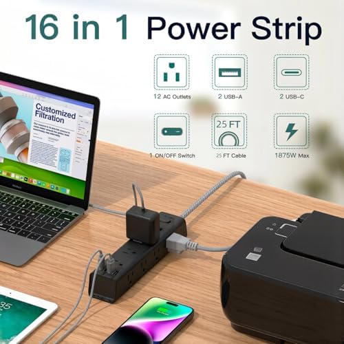 25FT Extra Long Extension Cord, Power Strip with 12 AC Outlet & 4 USB Ports
