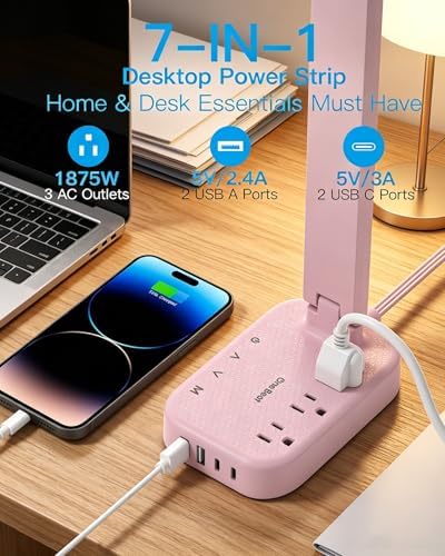 LED Desk Lamp, Power Strip with 4 USB 3 Outlets, Dorm Room Essentials, Pink