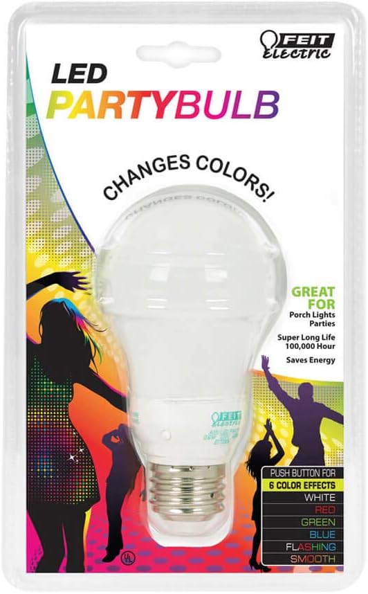 Feit Electric A19 LED Color Changing Bulb, 6 Fun Effects, Smooth Transitions & Flashing Modes, 100,000 Hours Lifespan, Ideal Indoor & Outdoor Party Lighting, A19/LED/PARTY