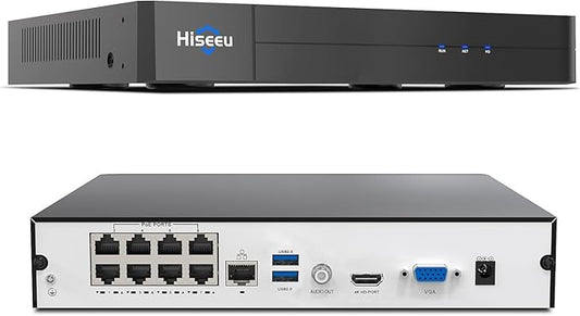 【16 channel Extendable】Hiseeu 8 Port 4K PoE Network Video Recorder NVR, Support 4K/2K/8MP/5MP/3MP/1080P PoE Camera, Free Remote Access, Motion Alarm, 24/7 Recording, Smart Playback, No Hard Disk Drive