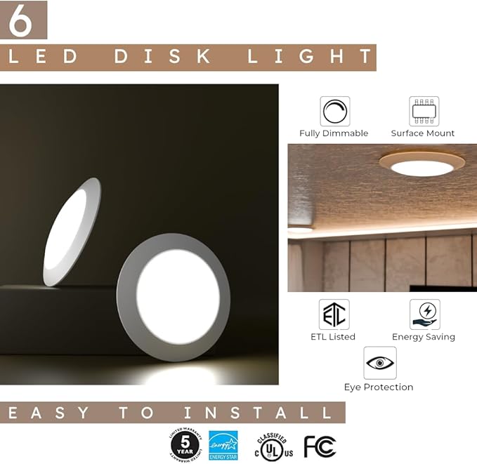 7.5" Flush Mount Ceiling Light| Disk Lights | Dimmable Ceiling LED Light, 15W (120W Equivalent), 120V, 2700K, ETL, Wet Location LED- 4/6" J-Box (Warm White, 6 Pack)