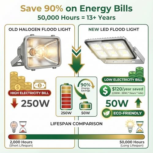 XXBSAZ 50W LED Flood Lights Outdoor, Daylight 6500K 9000LM, AC85-265V, IP66 Waterproof, High Power Commercial Work Lights, Super Bright Security Stadium Lights for Parking Lots, Warehouses, Yard