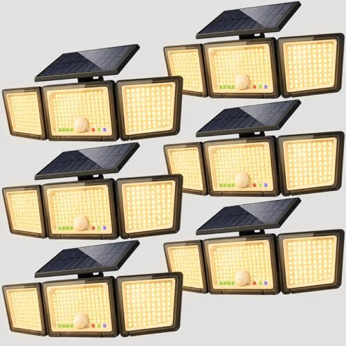 Solar Outdoor Lights Motion Sensor, 2500LM 286 LED Security Flood Lights with Visual Battery & Mode Display, 3 Lighting Modes, IP65 Waterproof 3-Head Wide Angle for Garage, Yard, Patio (6P Warm White)