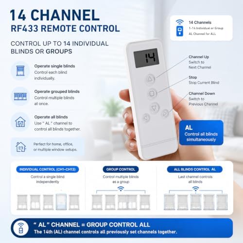 14 Channel RF Remote Control for Roller Shades – Compatible with ERB25/EY2512 Motorized Blinds Systems, Individual & Group Control, Replace Lost or Broken Remote for RF Tubular Motors (Not Universal)
