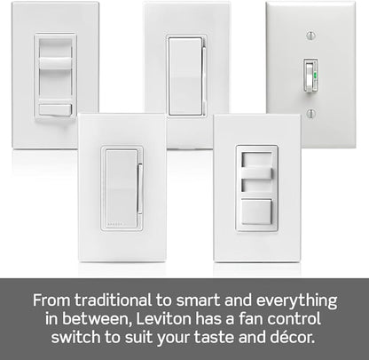 Leviton SureSlide Ceiling Fan Wall Switch, Quiet 3-Speed Fan Control, 1.5 Amps, 661F-10W, White