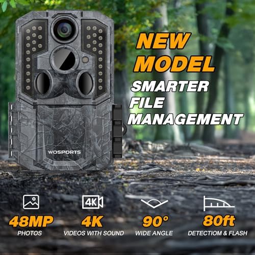 WOSPORTS Trail Camera,48MP 4K 0.2S Trigger Motion Activated,Game Camera with Night Vision IP66 Waterproof 2.0''LCD for Outdoor Scouting Wildlife Monitoring Home Security
