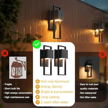 2-Pack Modern Outdoor Wall Lights, LED Black Porch Light, 3000K