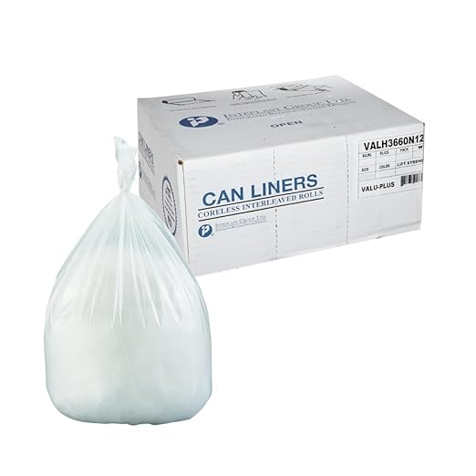 Inteplast Group VALH3860N14 60 gallon Capacity, 58" Length x 38" Width x 12 Mic Thickness, Natural Color, HDPE Commercial Coreless Valu-Plus Institutional Trash Can Liner (Case of 10 Roll, 25 Bags per