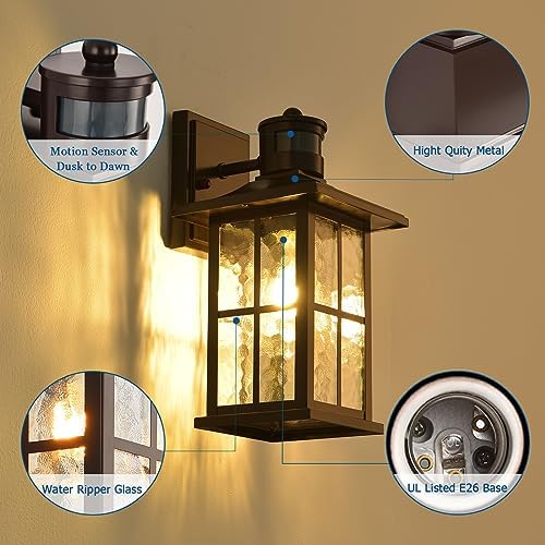 FLEDAVID 2 Pack Motion Sensor Outdoor Wall Lights Dusk to Dawn Exterior Porch Lantern Brown Outside Sconce Lighting Fixtures Rustic Farmhouse Wall Mount Carriage Lamp for House Garage Patio