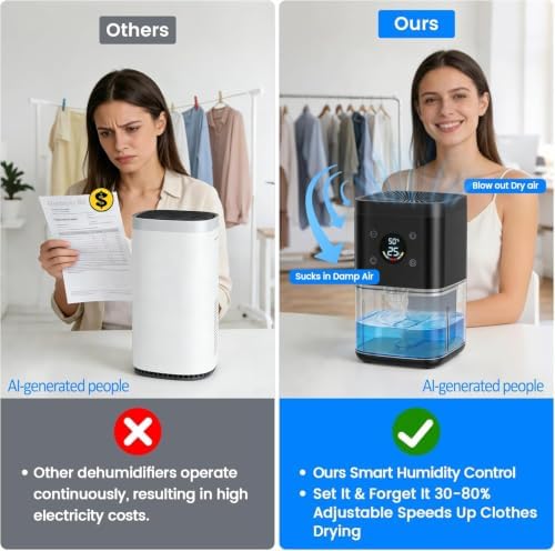 Small Dehumidifier for Bedroom – 63oz 35dB Quiet Auto Dehumidify (60/70%) & Continuous Mode for Bathroom Home Closet RV, Auto Defrost & Auto Shut-Off, 7-Color Light & Timer, Lightweight – Black