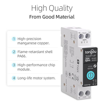 TONGOU ZigBee DIY Smart Switch 25A| DIN Rail Switch| 1P+N 90-240VAC| Real-time Power Monitoring| Remote Control and Set Timer for Home Automation| Support Tuya/Smart Life| Voice Control| FCC Certified