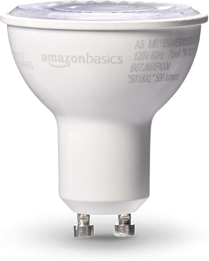 Amazon Basics MR16 LED Light Bulb, 50W Equivalent, Energy Efficient 7W, GU10 Base, Warm White 3000K, Dimmable, 10,000 Hour Lifetime, 6-Pack