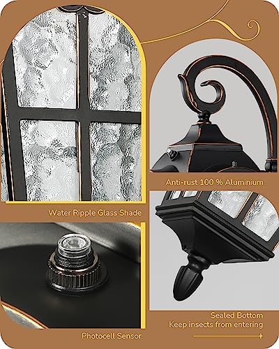 EDISHINE Dusk to Dawn Outdoor Wall Lights, 20.4" Large Size Exterior Lantern Fixture, Porch Lights Wall Mount, Roman Wall Lamp, Waterproof Outside Wall Sconce for Front Door Garage, Black