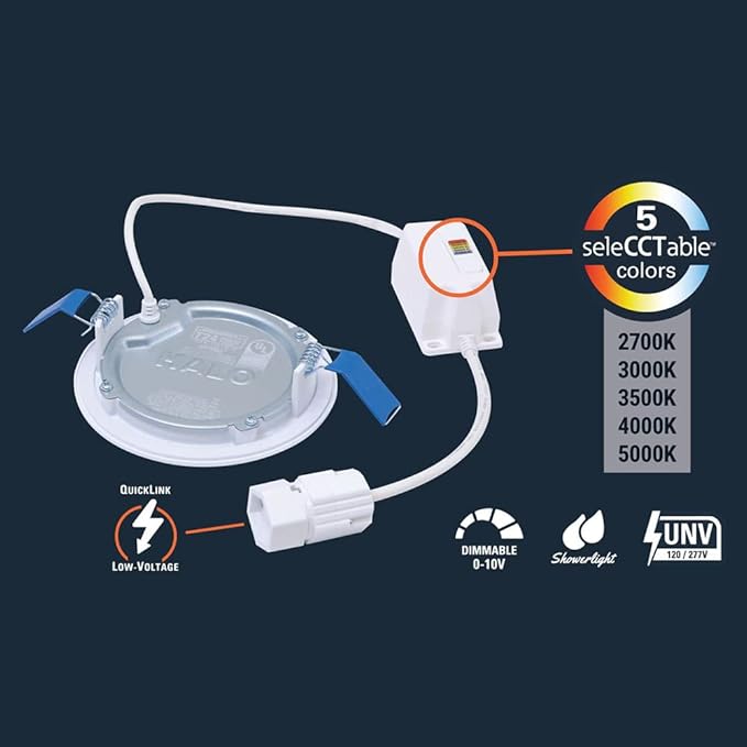 HALO HLBQL6099FS1E Quicklink Canless LED Downlight Selectable 2700K, 3000K, 3500K, 4000K, 5000K CCT 6 inch White (Pack of 2)