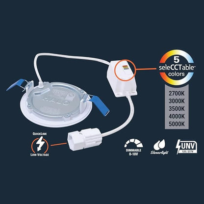 HALO HLBQL6099FS1E Quicklink Canless LED Downlight Selectable 2700K, 3000K, 3500K, 4000K, 5000K CCT 6 inch White (Pack of 2)