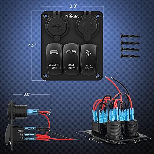 Nilight 3 Gang Rocker Switch Panel 5PIN On Off Laser Pattern Toggle | SPST 12V/20A 24V/10A Dual USB Charger Cigarette Lighter Socket Pre-Wired for LED Light Bar Rear Rock Lights RV Boats 4X4 Blue