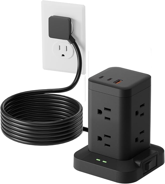 Power Strip Surge Protector, Fast Charging PD20W USB-C Tower, Black, 10FT | 8 AC Outlets with 2 PD20W USB-C & 1 USB-A Tatal 11 Outlets; Extension Cord for Multiple Devices; for Home Office Dorm Room