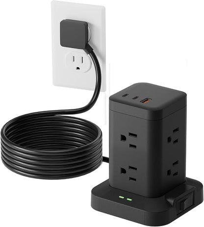 Power Strip Surge Protector, Fast Charging PD20W USB-C Tower, Black, 10FT | 8 AC Outlets with 2 PD20W USB-C & 1 USB-A Tatal 11 Outlets; Extension Cord for Multiple Devices; for Home Office Dorm Room