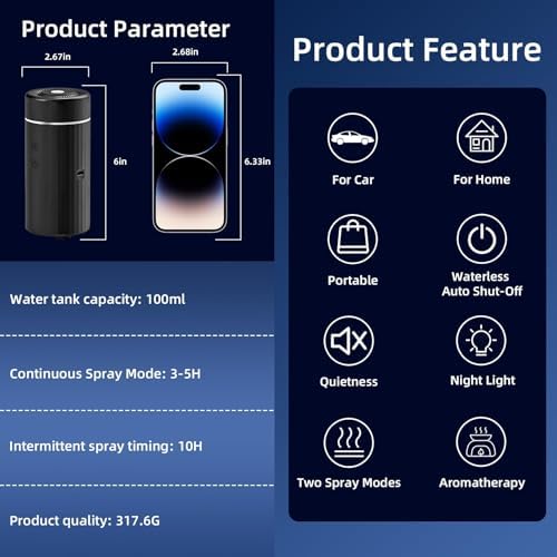 SEEDSEEL 100ML Car Diffuser, USB Rechargeable Battery Operated,Powered Cordless Essential Oil Diffuser, 7 LED Color Lights 2 Timer Modes for Car Outdoor Home (Black)