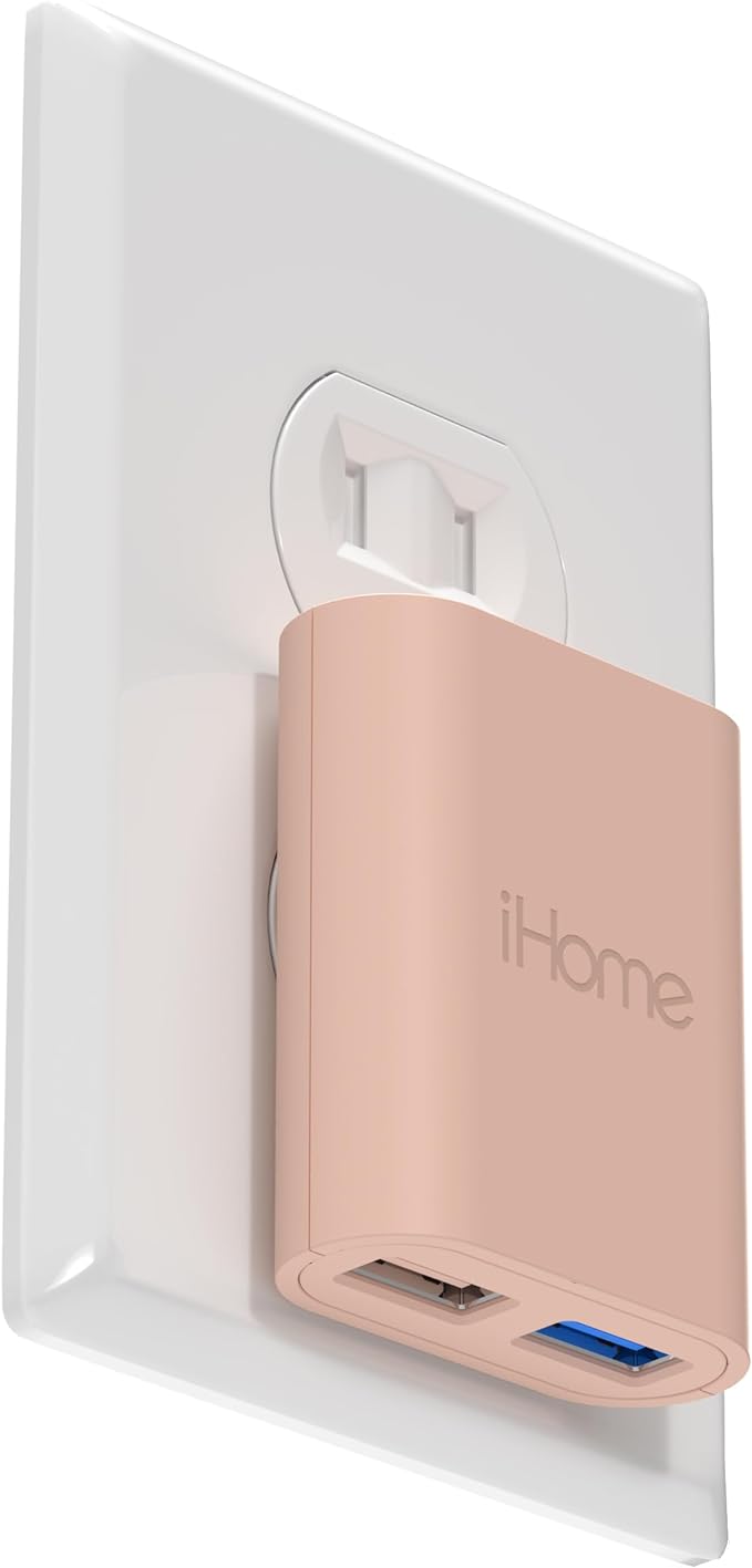 iHome Slim 2-Port USB Wall Charger, Flat Multiport Travel Plug Adapter | Dual USB-A ports, 2.4A Rapid Charge, Foldable Prongs, Slim Design, Compatible with iPhone, Android, iPad, AirPods for Home
