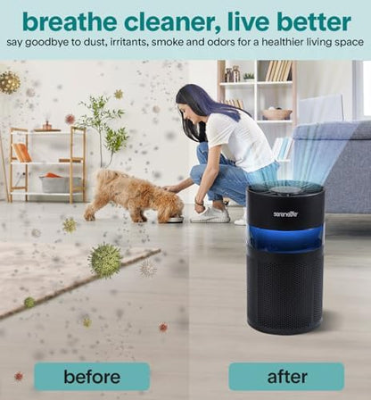 SereneLife Portable Air Purifier - Small Air Purifier with Aroma Box & Ambient Light, High Filtration Efficiency, Filter Change Reminder, 2-Speed, Timer & Sleep Mode, 6 x 6 x 12 in. (Black)