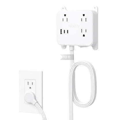 TROND Ultra Flat Plug Power Strip - Extension Cord 10FT with 3 USB Chargers, Power Strip with Long Cord, 3 Widely Outlets Charging Station, Wall Mount for Home Dorm Room Essentials