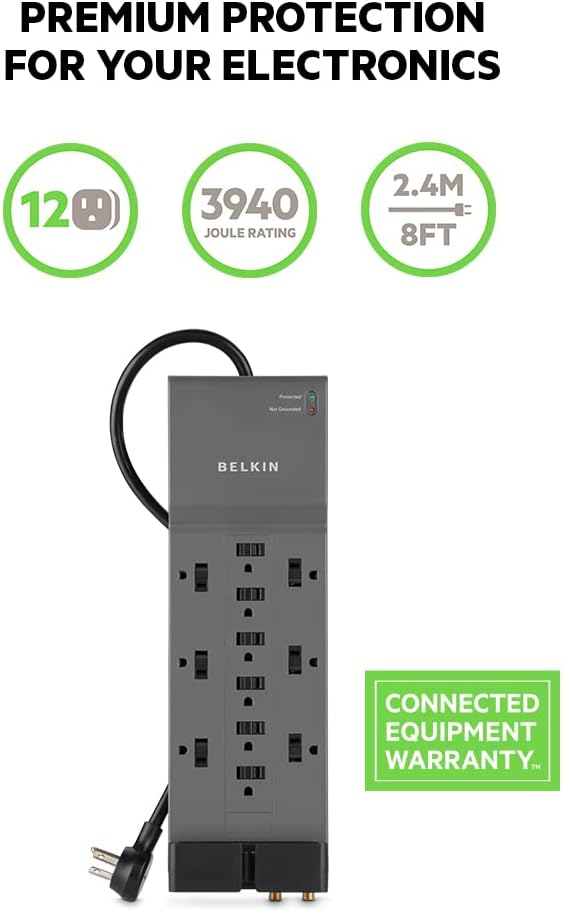 Belkin Power Strip Surge Protector - 12 AC Multiple Outlets & 8 ft Long Flat Plug Heavy Duty Extension Cord for Home, Office, Travel, Computer, Laptop & Phone Charging Brick (3,940 Joules), Pack of 3