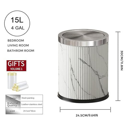 Bathroom Garbage can with lid，Small Trash Can with Flipping Lid, 4gallon,White and Silver Bathroom Trash can for Bedroom，Living Room,Hotel (15L-Ink Painting)