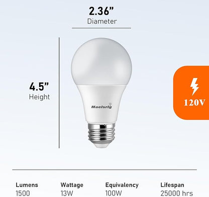 Maelsrlg 100 Watt Light Bulb Equivalent A19 LED - 90 CRI, 13W 1500LM, Daylight 5000K, E26 Base, Non-Dimmable, 120V, Bright White LED Light Bulbs for Home, 6-Pack