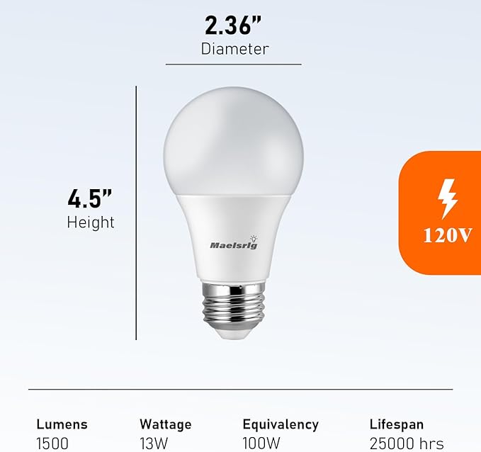 Maelsrlg 100 Watt Light Bulb Equivalent A19 LED - 90 CRI, 13W 1500LM, Warm White 3000K, E26 Base, Non-Dimmable, 120V, Energy Efficient LED Bulbs for Home, 6-Pack