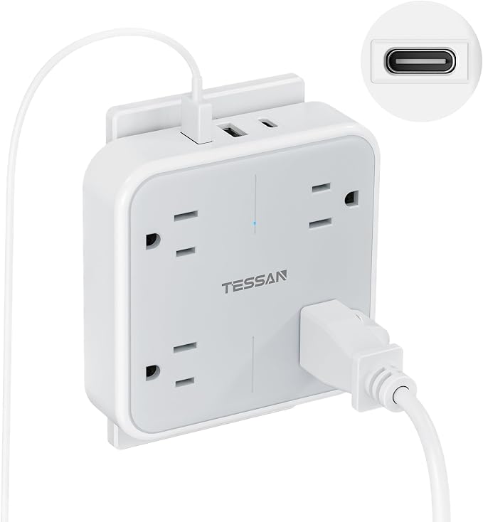 TESSAN Multi Plug Outlet Extender, Surge Protector Outlet 3 USB (1 USB C) | Wall Charger, Multiple Outlet Wall Plug, USB Outlet Splitter for Home, Bathroom, Office, Dorm Room Essentials, Gray