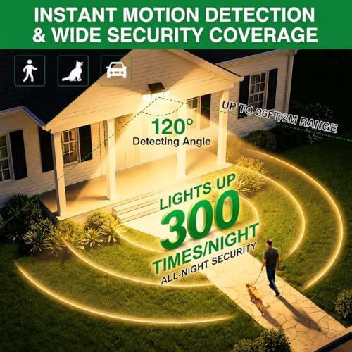 Solar Outdoor Lights Motion Sensor, 2500LM 286 LED Security Flood Lights with Visual Battery & Mode Display, 3 Lighting Modes, IP65 Waterproof 3-Head Wide Angle for Garage, Yard, Patio (2P Warm White)