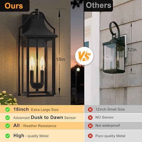 18IN Dusk to Dawn Outdoor Wall Sconce, 2-E12 Base Porch Light