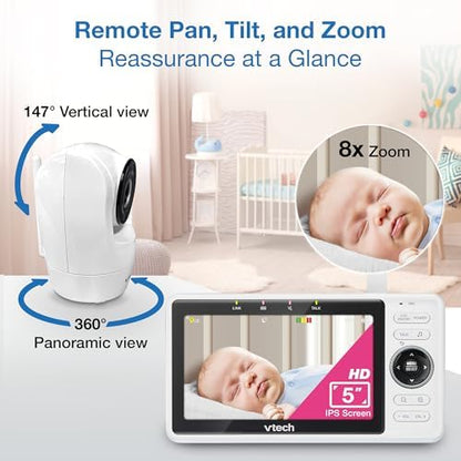 VTech Smart WiFi Baby Monitor, 2 Cameras – See Both Rooms at Home or from Anywhere, Free App, 1080p Split Screen, 5" HD Screen, Pan-Tilt-Zoom, Night Vision | VM901-2