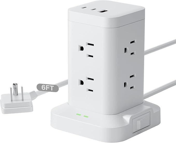 Power Strip Tower with Surge Protector 1800J, Fast Charging Tower PD20W USB-C Ports with 8 AC Outlets, 6ft Extension Cord for Home Office Dorm Room, White