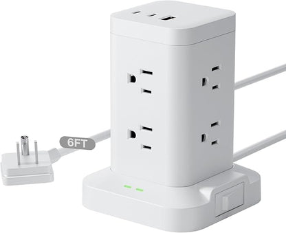 Power Strip Tower with Surge Protector 1800J, Fast Charging Tower PD20W USB-C Ports with 8 AC Outlets, 6ft Extension Cord for Home Office Dorm Room, White