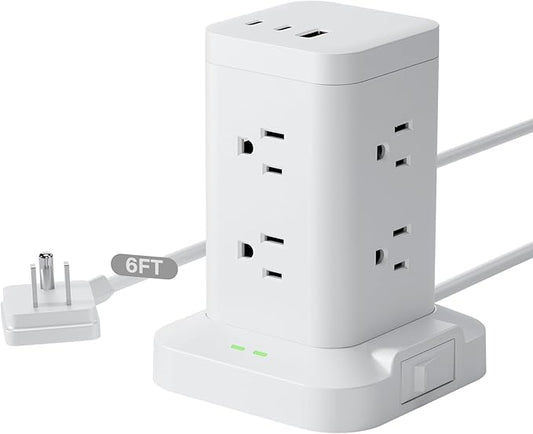 Power Strip Tower with Surge Protector 1800J, Fast Charging Tower PD20W USB-C Ports with 8 AC Outlets, 6ft Extension Cord for Home Office Dorm Room, White