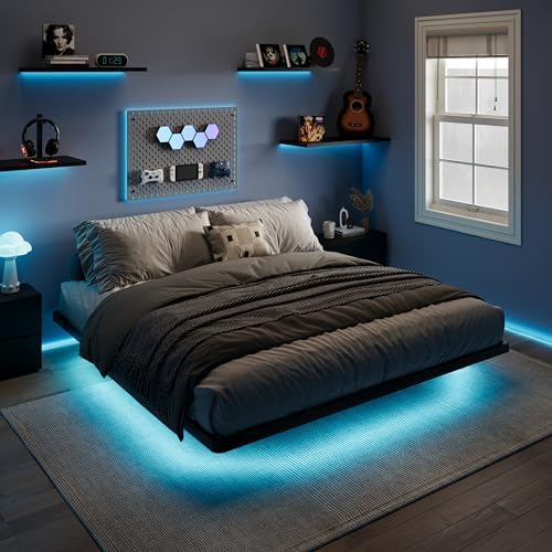 SHA CERLIN King Size Floating Bed Frame with Smart LED Lights, Black