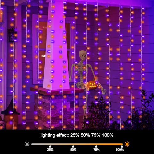echosari Halloween Curtain Lights Battery Operated 300 LED Purple Orange