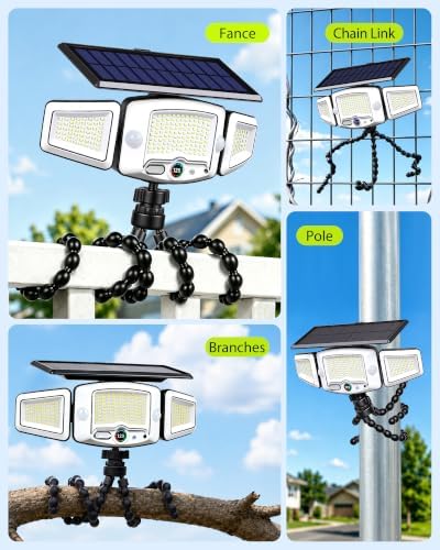 4000mAh Solar Motion Lights Outdoor with Octopus Mount, 2500LM 270° 3-Head Adjustable Solar Flood Lights with Digital Display & Remote, Dual PIR Sensor Security Lights for Fence Yard Patio Gazebo（2）