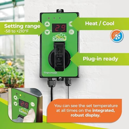 BioGreen TER2/US Thermo 2 Digital Greenhouse Thermostat with Summer/Winter Function 2 Years Warrenty, Green