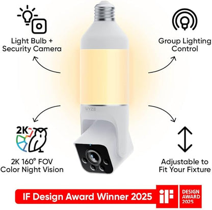 WYZE Bulb Cam Security Camera, 2K HD Outdoor Light Bulb Camera, Color Night Vision, Dimmable LED Bulb, Motion Detection, Siren Alarm, Works w/Alexa/Google Assistant. Free Expert Support (Renewed)