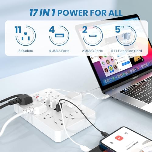 JouleLoom Power Strip Surge Protector with 11 Outlets, 4 USB and 2 USB C Ports, 5 Ft Extension Cord, Flat Plug, Wall Mount, Overload Protection Desk USB Charging Station for Home, Office（White）
