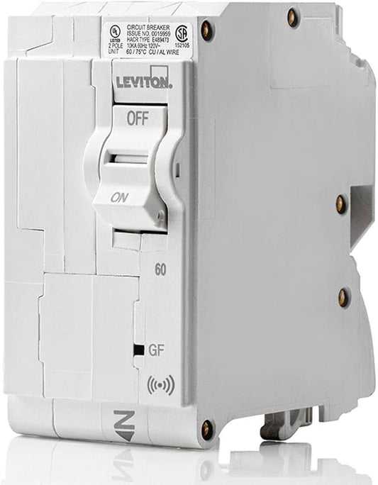Leviton LB260-ES 60A 2-Pole Plug-On Smart GFPE Branch Circuit Breaker, Hydraulic Magnetic, 120/240 VAC, White