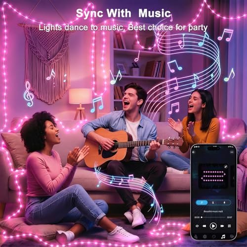 OMIKA Fairy Lights Plug in, 66FT 200 LED Smart String Lights Plug in with Remote & APP Controlled, Warm White + RGB Music Sync Timer, Twinkle Lights for Bedroom Classroom Holiday Christmas Decor