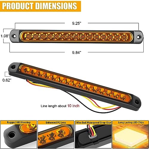 PSEQT 10" 15 LED Trailer Turn Tail Light Bar - Amber Sequential Signal Marker Assembly With Identification Clearance Strip - Waterproof for Wrangler, Golf Cart, Offroad Truck, RV, UTV, ATV