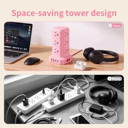 Extension Cord with Multiple Outlets, SMALLRT Power Strip Tower, Outlet Extender with 12 AC Outlets 4 USB, 6.5FT Extension Cord for Home Dorm Room, Office Supplies, Pink