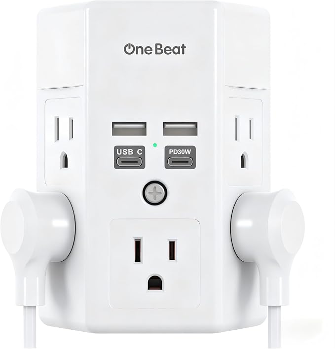 One Beat Surge Protector Wall Outlet Extender, 5 Outlets & 4 USB Ports (30W USB-C PD), 1680J, 3-Sided Multi Plug Outlet Adapter, Outlet Splitter, Wall Mount, ETL Listed for Home Office Travel-White
