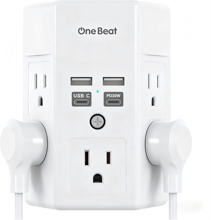 One Beat Surge Protector Wall Outlet Extender, 5 Outlets & 4 USB Ports (30W USB-C PD), 1680J, 3-Sided Multi Plug Outlet Adapter, Outlet Splitter, Wall Mount, ETL Listed for Home Office Travel-White