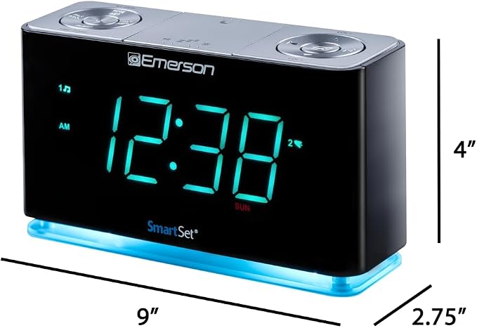 Emerson Smartset Alarm Clock Radio with Bluetooth Speaker with USB Port for iPhone/iPad/iPod/Android and Tablets, 1.4" Cyan LED Display and Night Light, ER100301